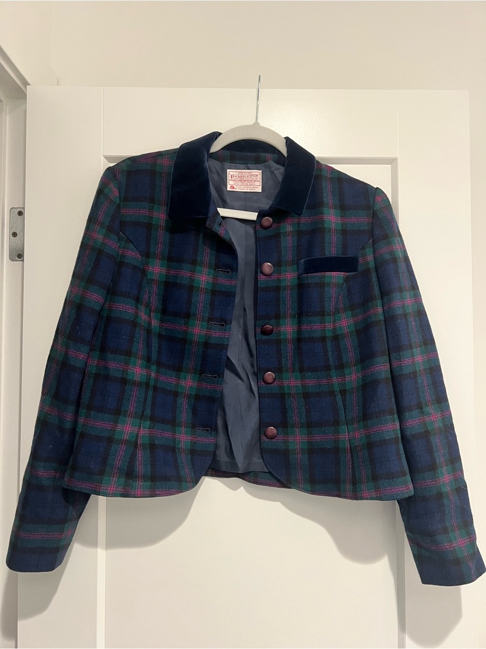 Vintage Pendleton Navy & Green Plaid Velvet-Trim Cropped Blazer